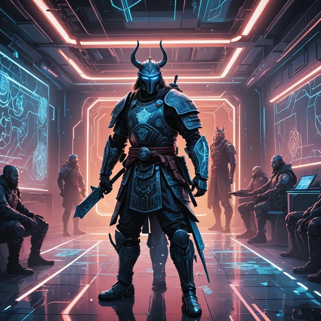 Cyberpunk Samurai-Viking Hybrid Briefs Commandos in Futurist...