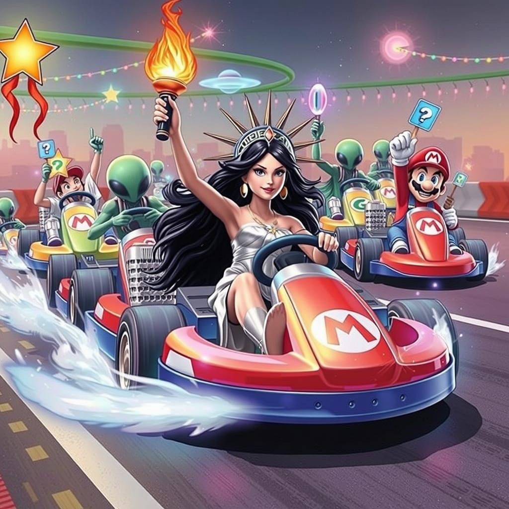 Goddess Isis Races Aliens in Mario Kart