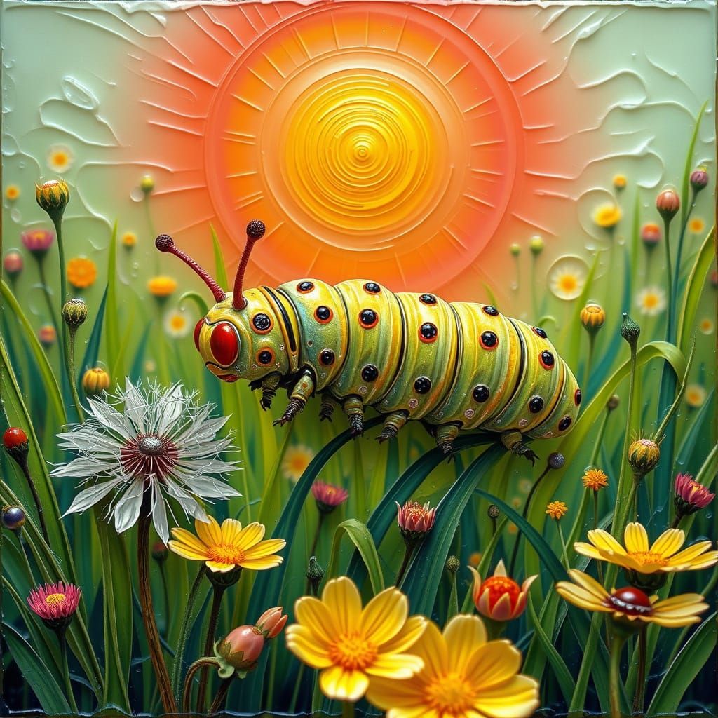 Bejeweled Caterpillar in Surrealist Meadow