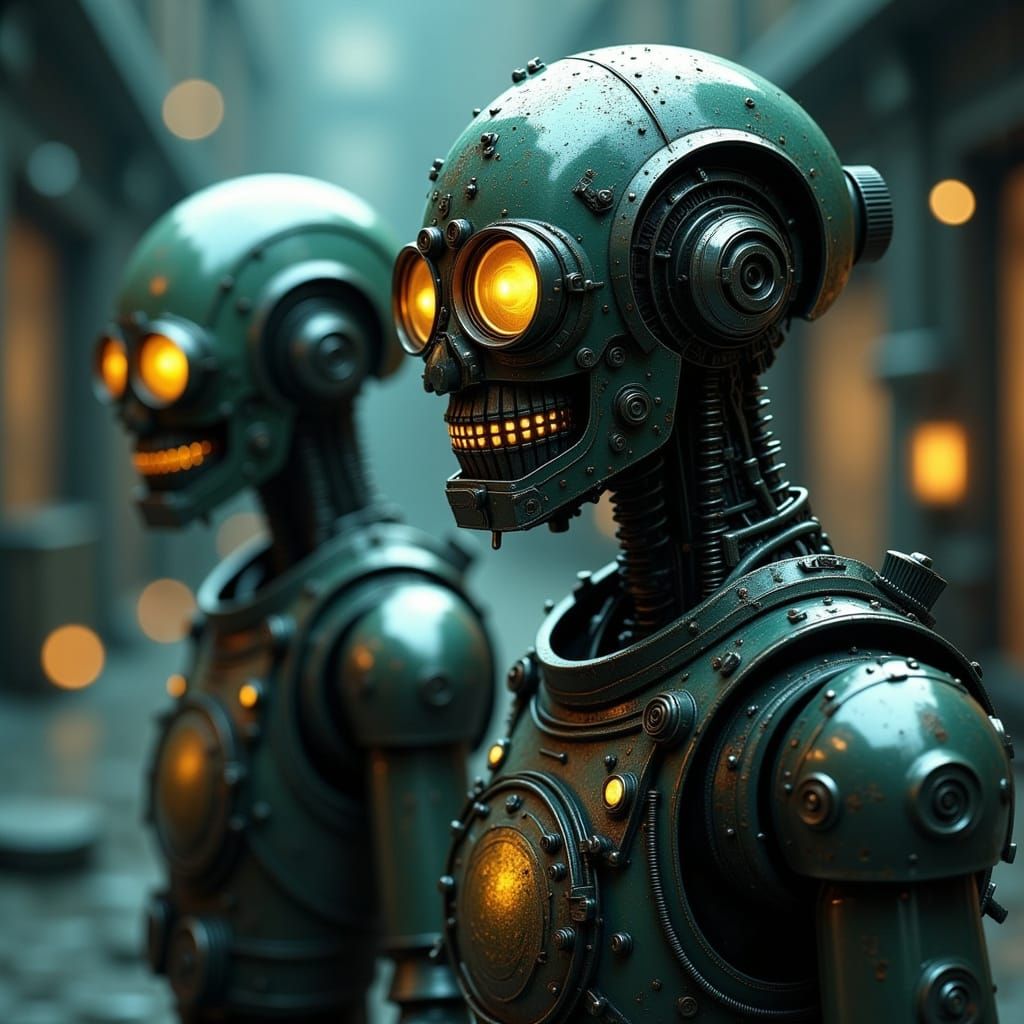 Surreal Dieselpunk Robots in Stark Night Lighting