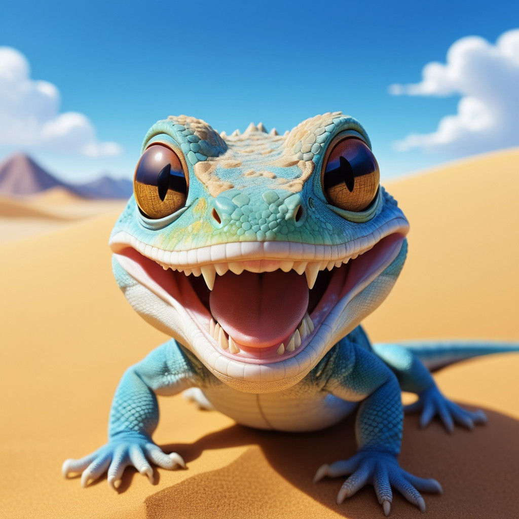 Anime-Style Baby Lizard Smirks in Desert Landscape
