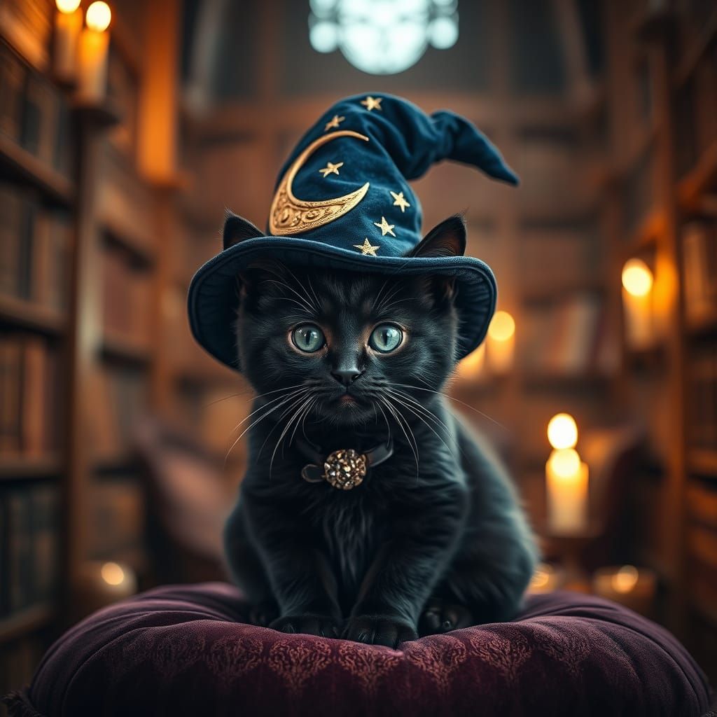 Black Cat Wizard in Mystical Library, Cinematic Portrait