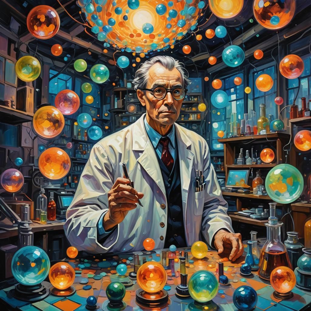 Futuristic Scientist Surrounded by Orbs in Impressionist Sty...