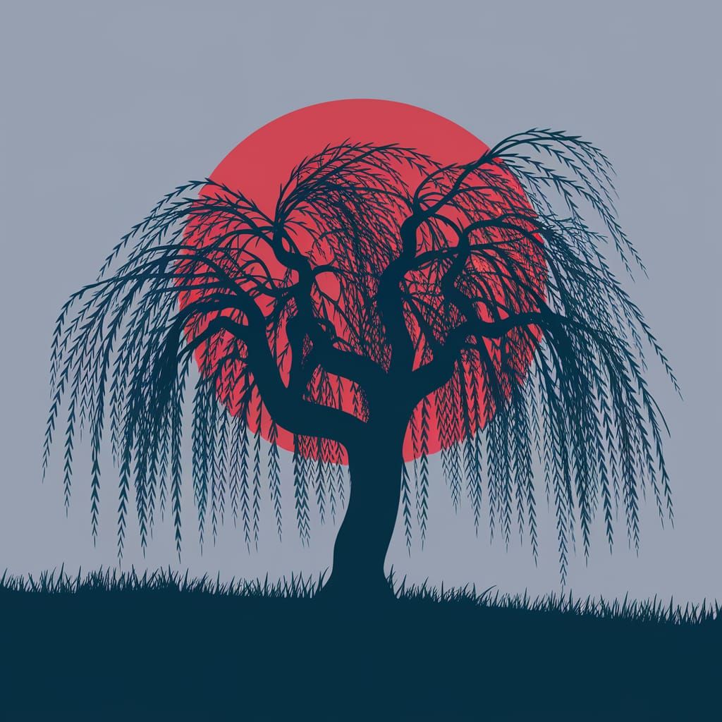 Ethereal Willow Silhouette Against a Vibrant Red Sun
