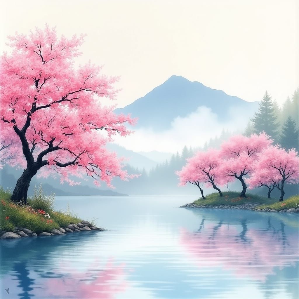 Blossoming Cherry Trees by a Tranquil Japanese Lake