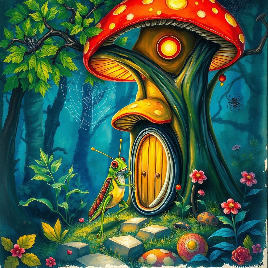Grasshopper's Mushroom Home: Impressionist Digital Painting