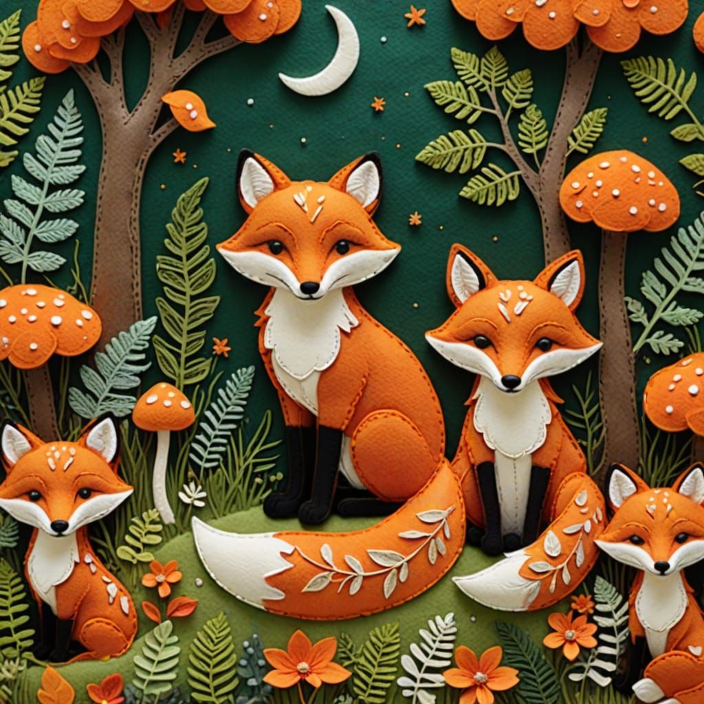 Whimsical Felt Art of Fox Family in Woodland Setting