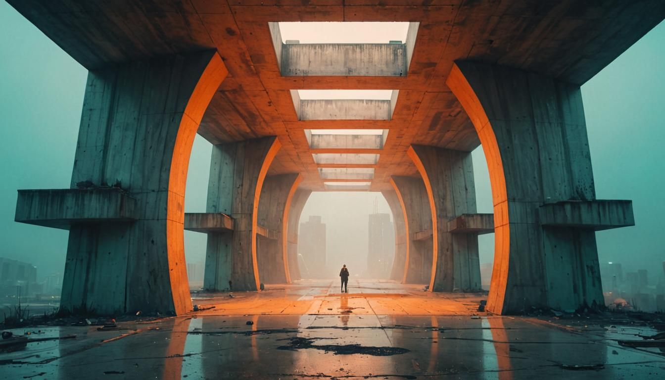 Futuristic Brutalist Cityscape in Teal and Orange