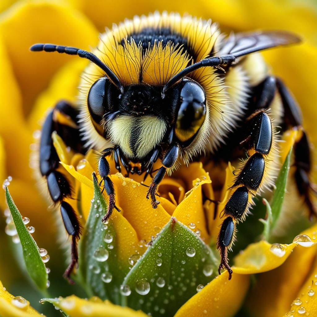 Bumblebee on Yellow Rose: Macro Photography with Dew