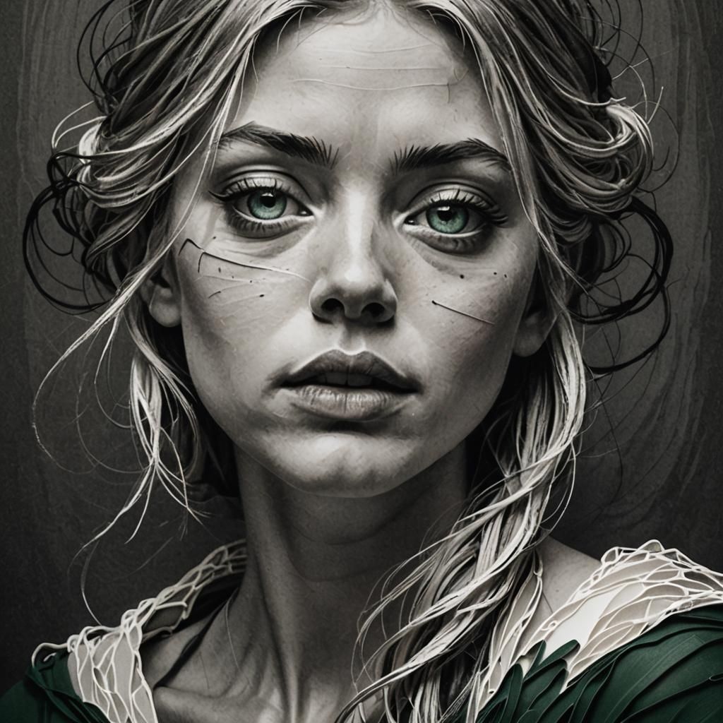 Blond Beauty with Green Eyes: Minimalist Charcoal Quilling P...