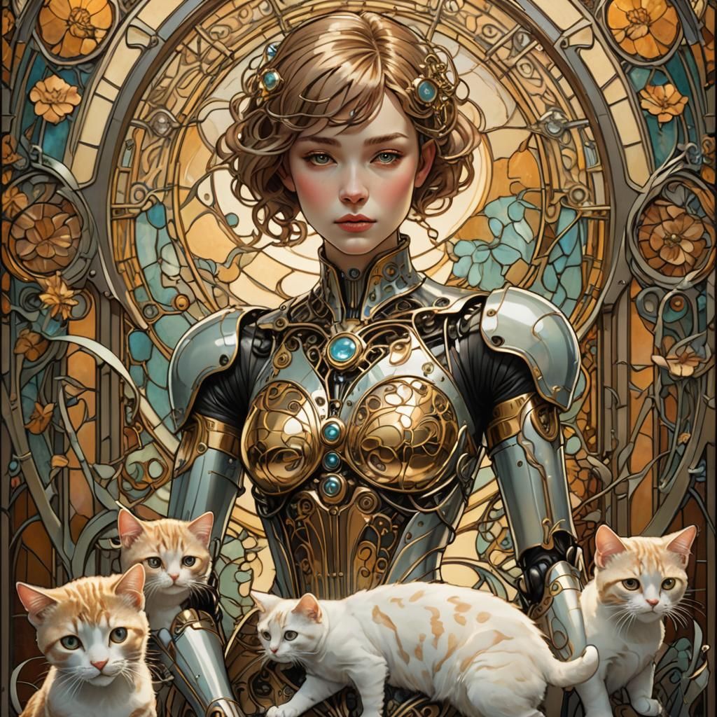 Cyborg Lady Surrounded by Kittens in Art Nouveau Style