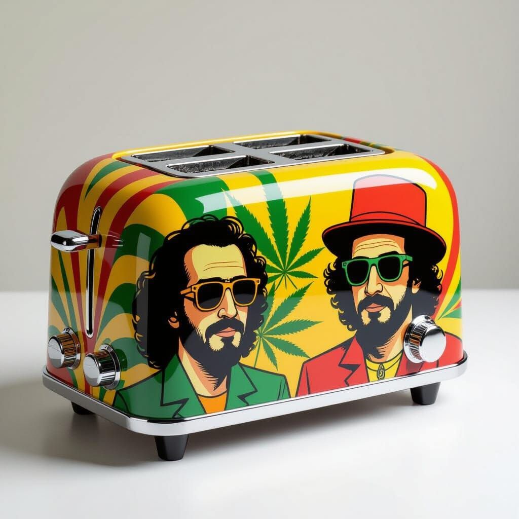 A toaster in the style of Cheech and Chong.