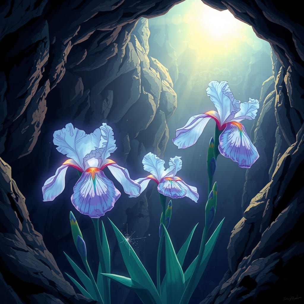 Ethereal Irises Radiate Light in a Mysterious Cave
