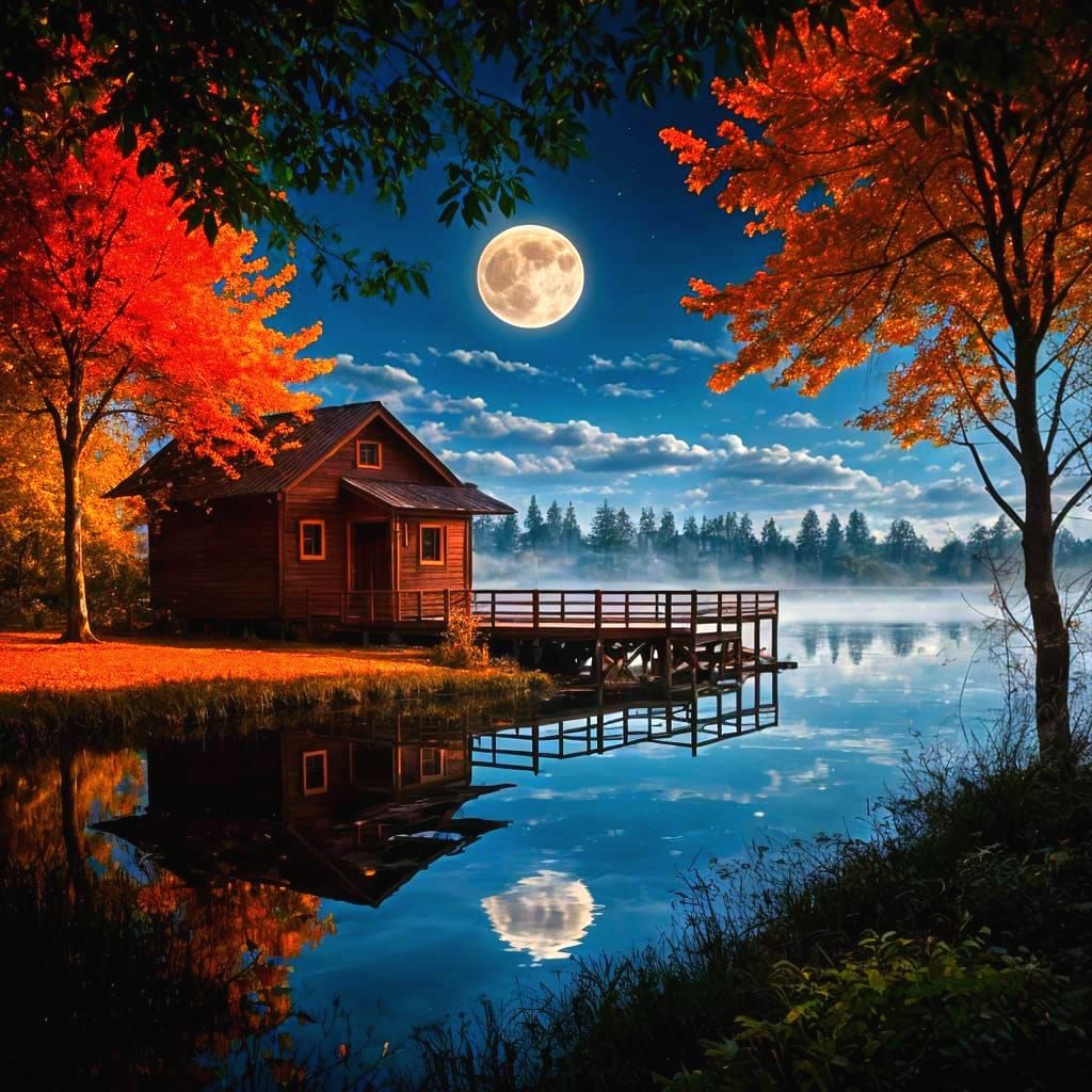 Serene Autumn Lake Scene with Silhouetted Figures and Full M...