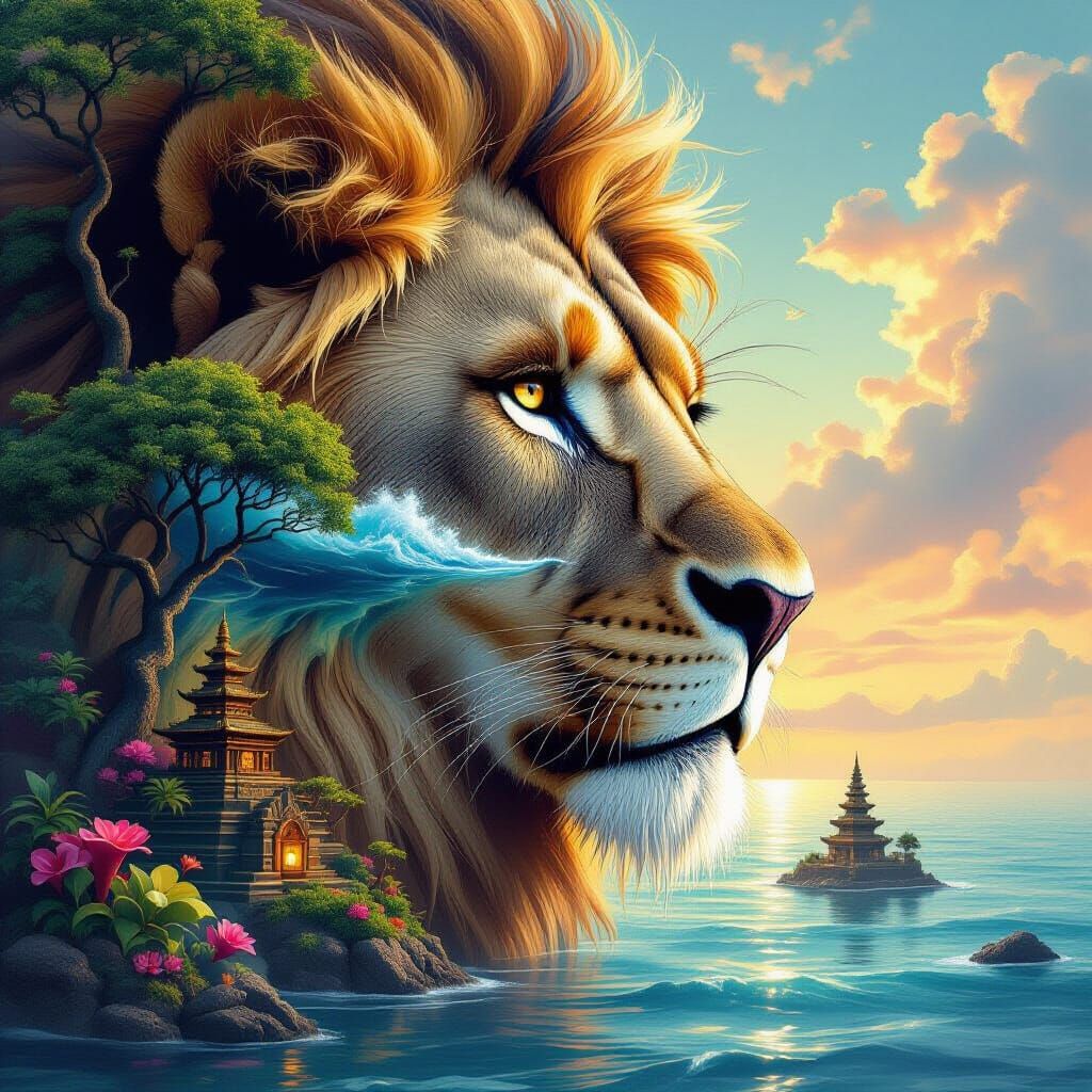 Lion's Face Merging into Surreal Landscape