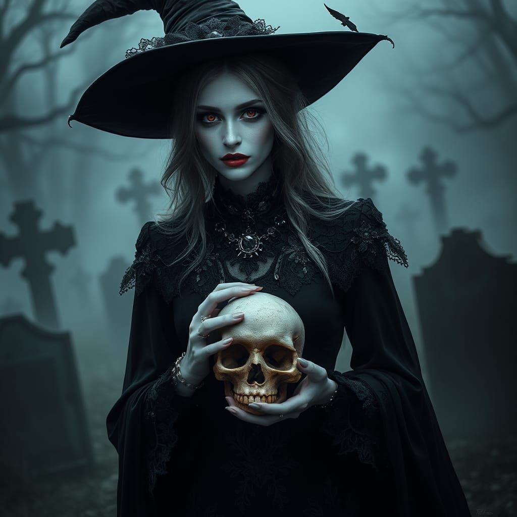Vampire Woman in Graveyard: Dark Fantasy Art