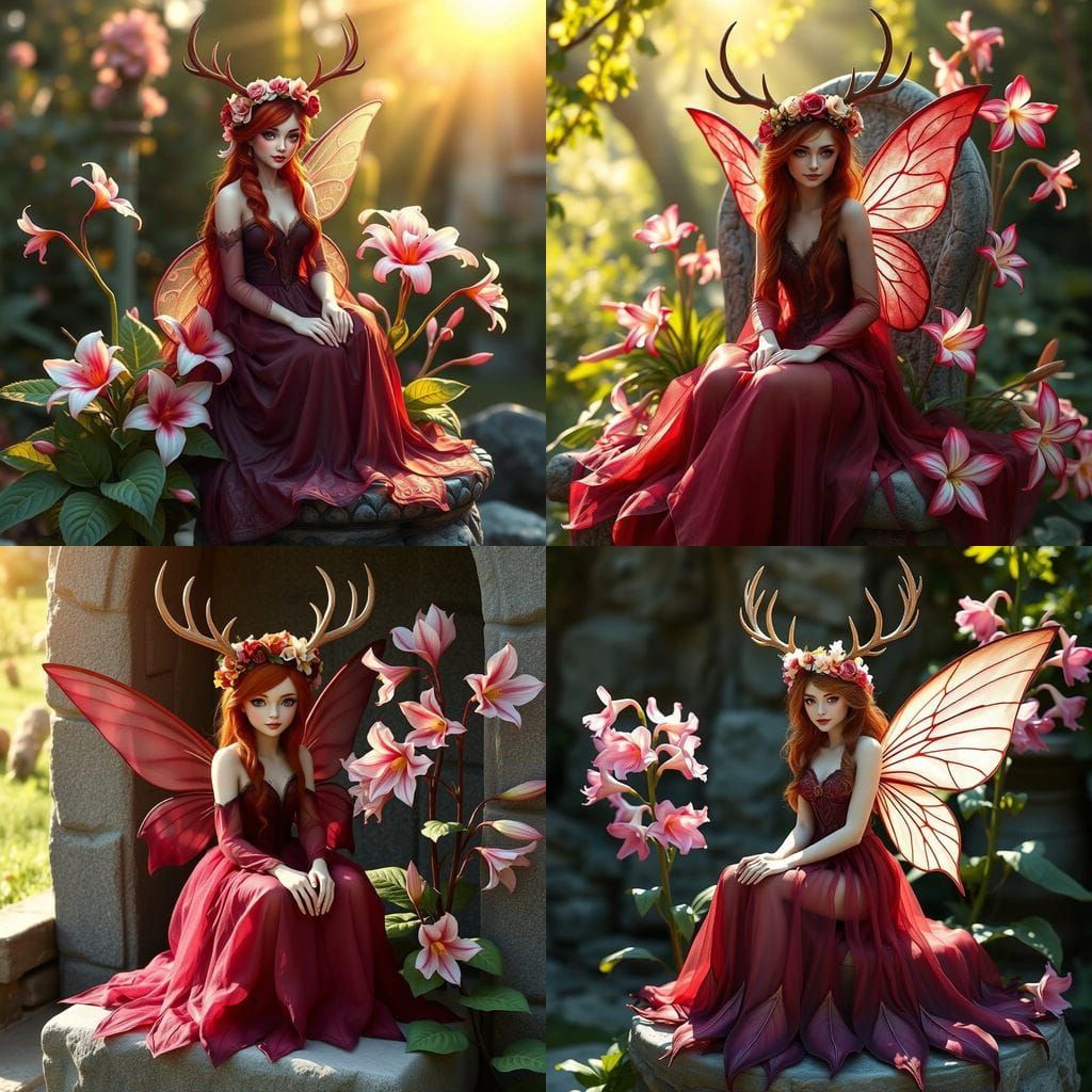 Majestic Redhead Fairy Princess in Antlers and Maroon Gown