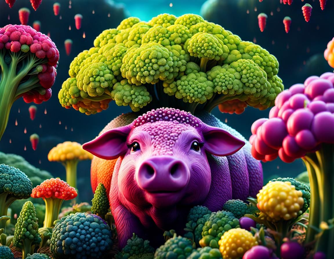 Broccoli Animals in Double Exposure Farm Scene