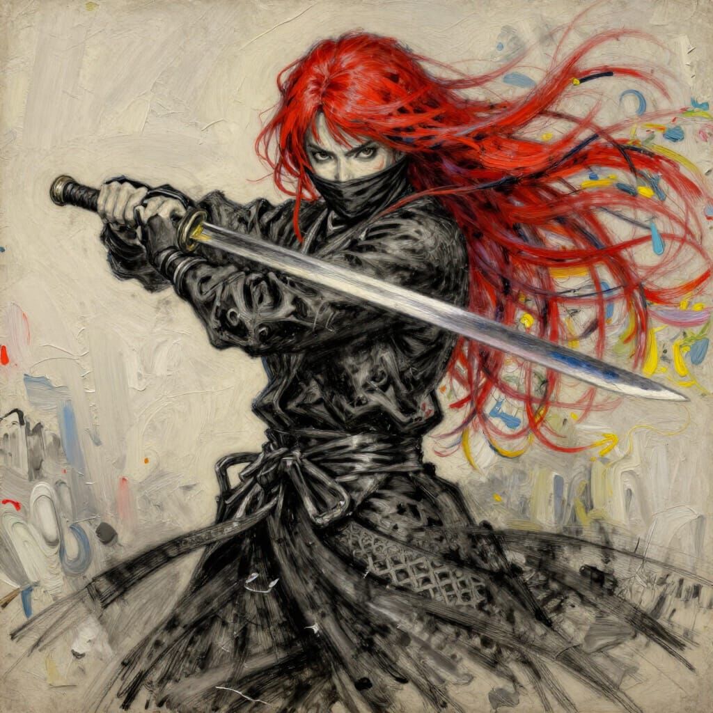 Red-Haired Ninja in Chaotic Pose, Charcoal Sketch