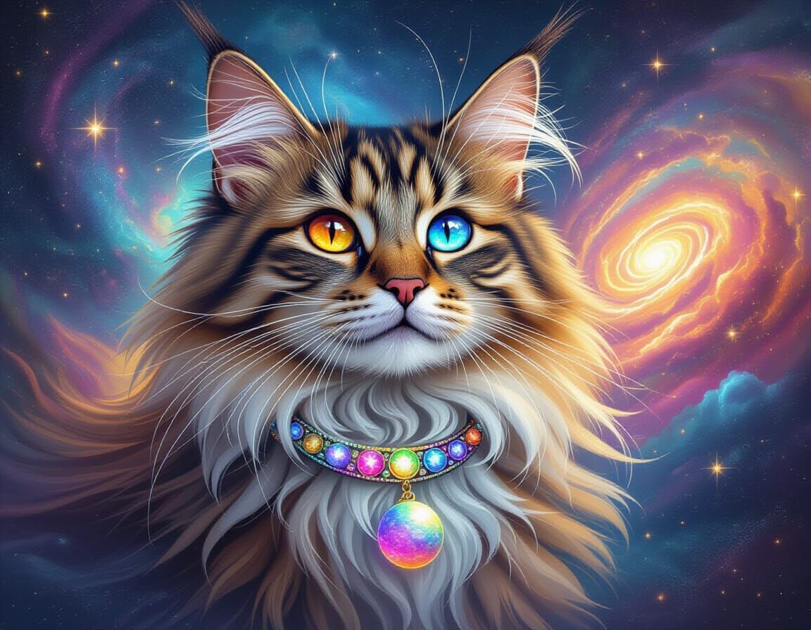 Cosmic Cat Hologram with Planet Pendant in Astral Style