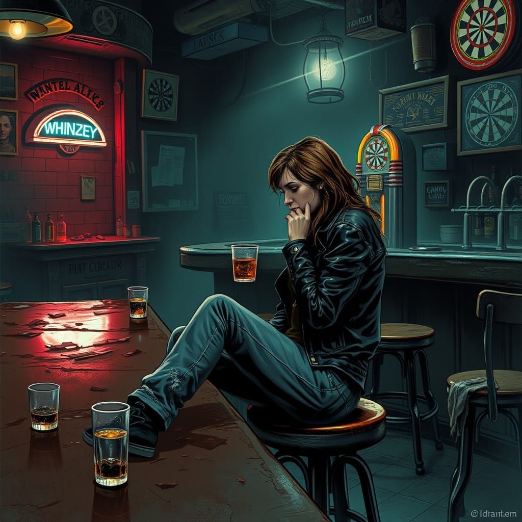 Lonely Woman at Bar in Comic Book Style