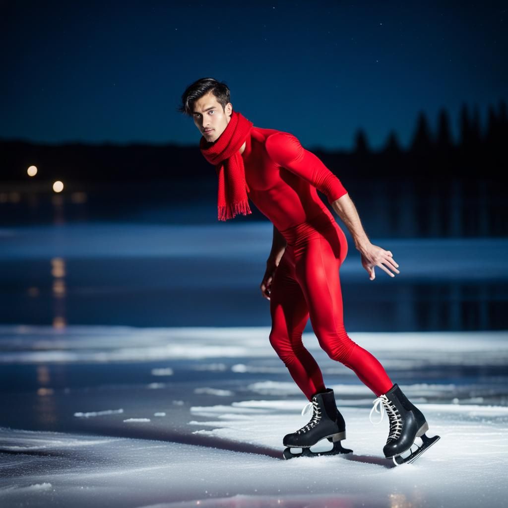 Man Ice Skating on Frozen River at Night