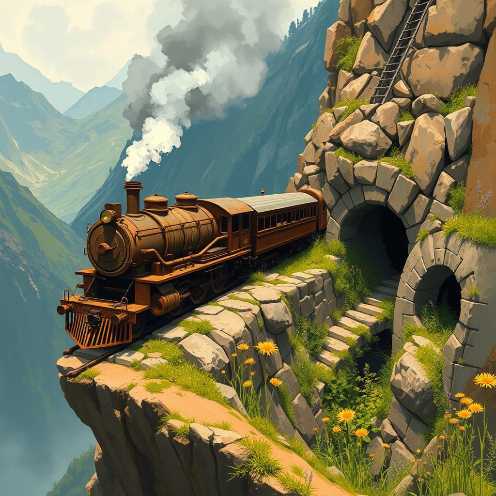 Rusty Freight Train Teeters on Mountain Precipice