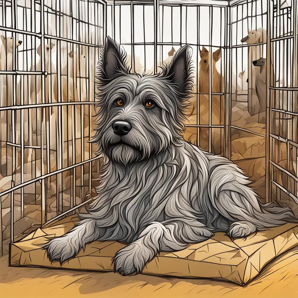 Brindle Mutt in Dog Shelter Cartoon Scene