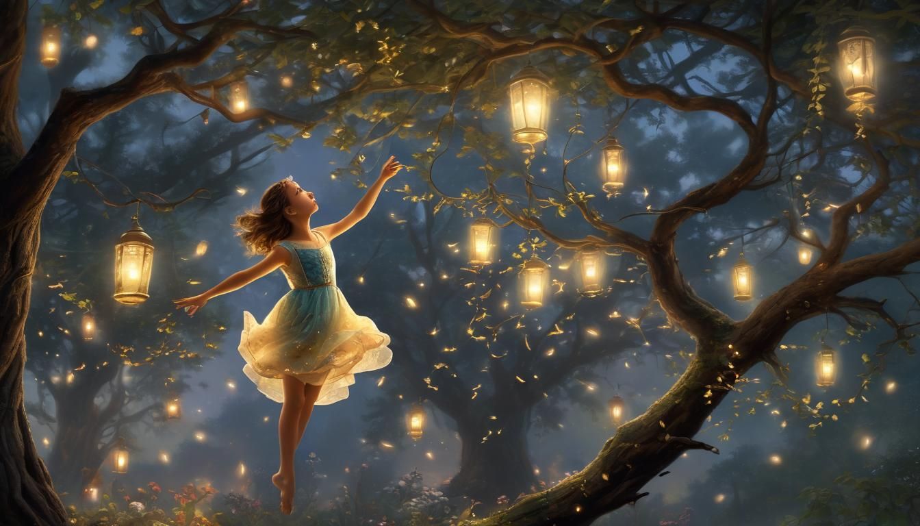 Girl Dancing with Fireflies: Dreamy Hyper-Realistic Scene