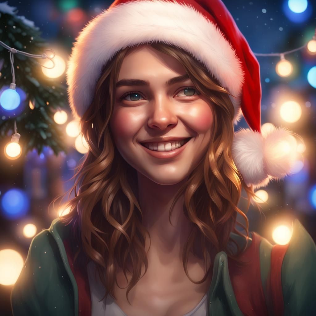 Smiling Girl with Santa Hat and Christmas Lights