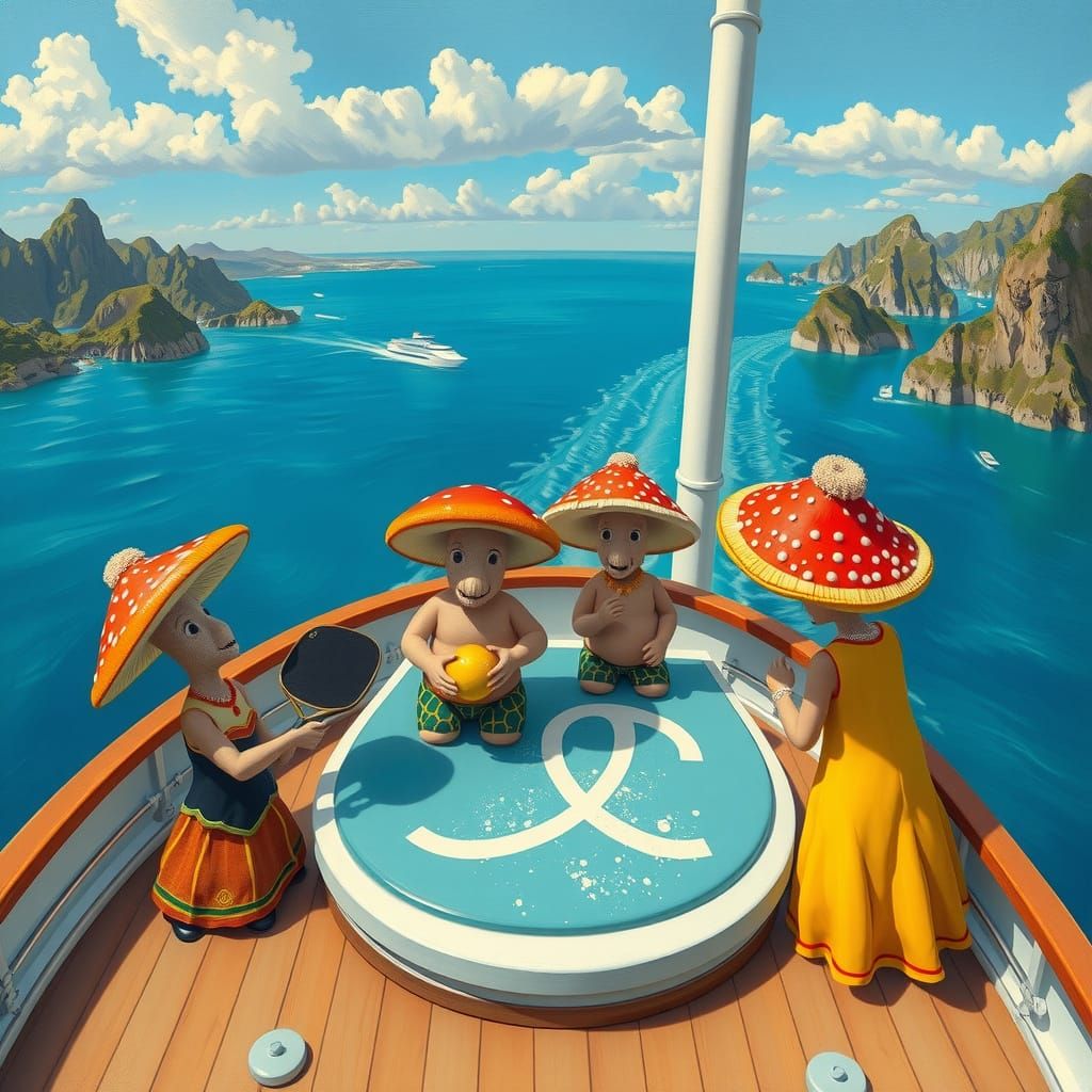 Mushrooms in Vibrant Attire Play Pickleball on a Dali-Inspir...