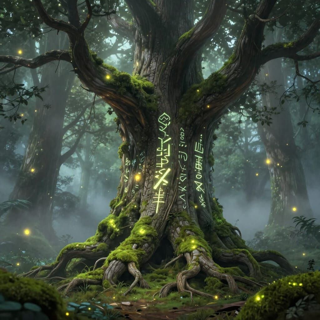 Majestic Ancient Tree With Glowing Runes in Ethereal Forest