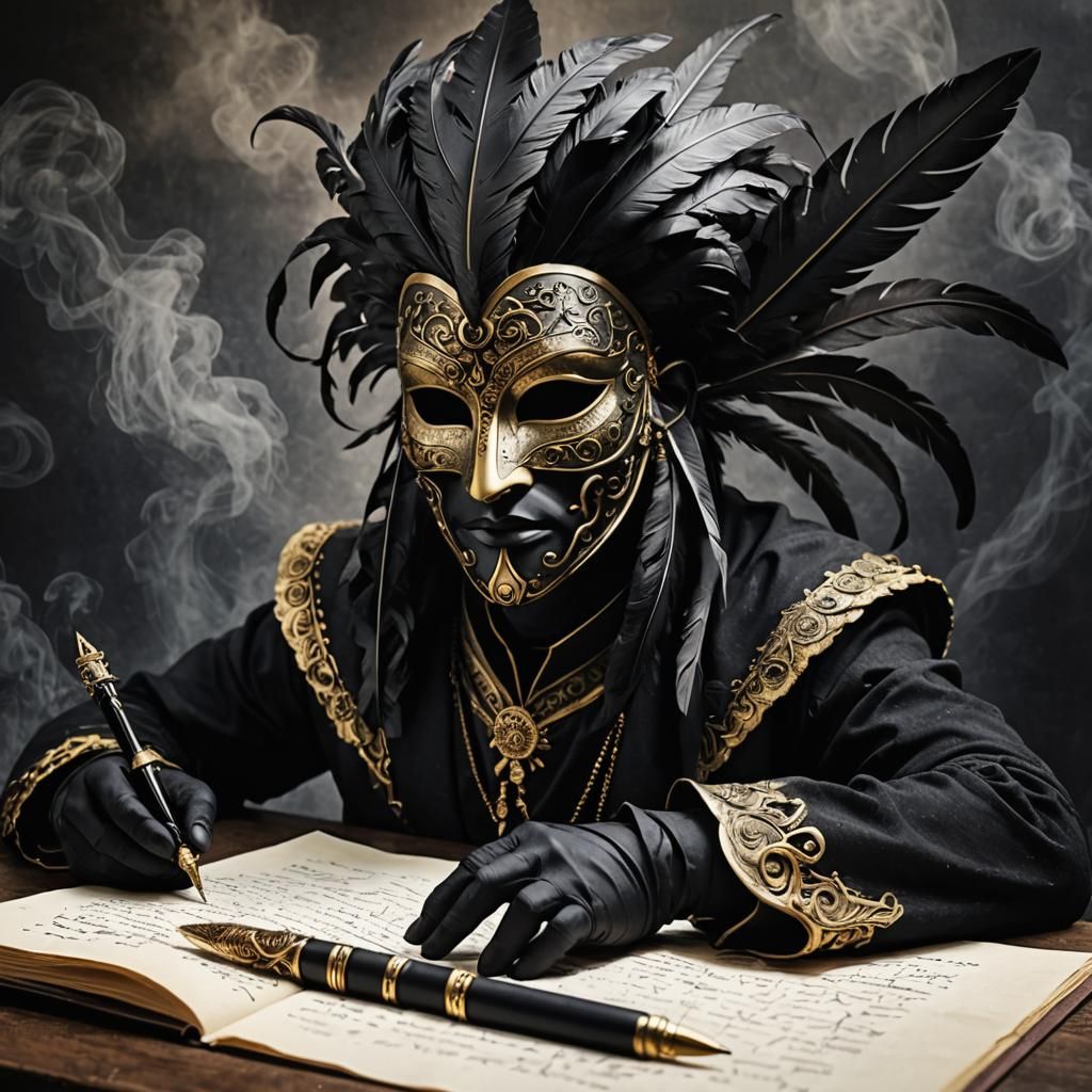 Mystic Masked Figure with Quill in Fantasy Attire