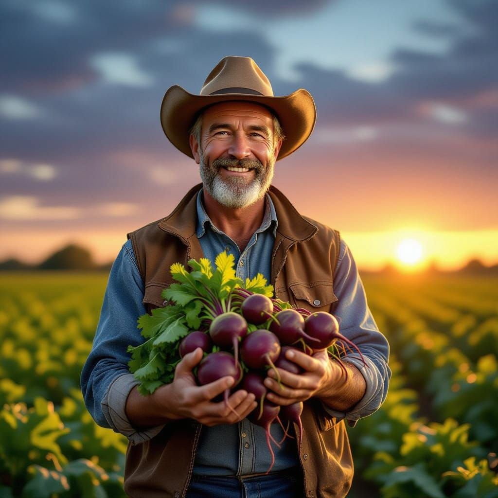 Farmer with Harvested Beetroots in Golden Sunlight
