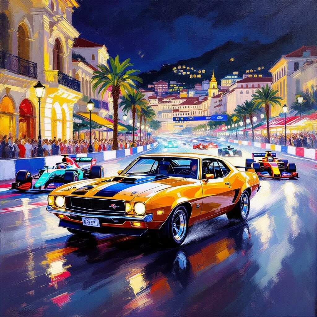 Golden Muscle Car Races in Monaco Night