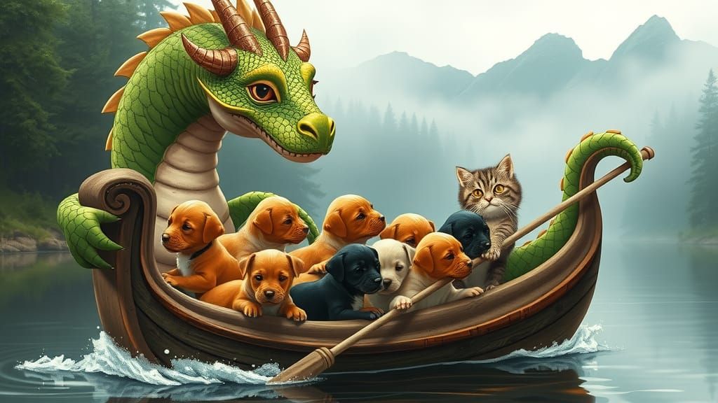 Dragon Peeks at Puppies in Boat, Children's Book Illustratio...