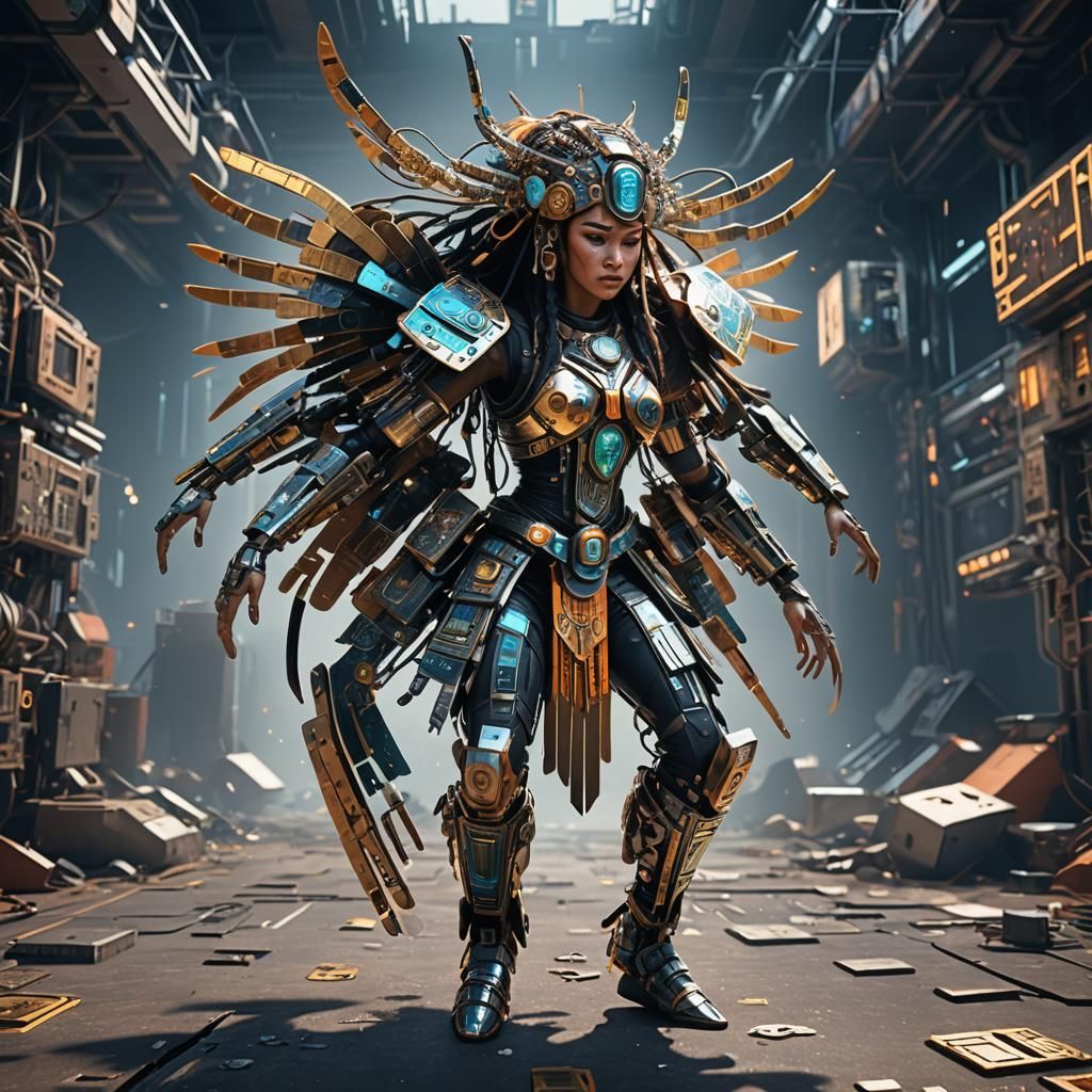Native American Dancer in Cyberpunk Electronic Outfit