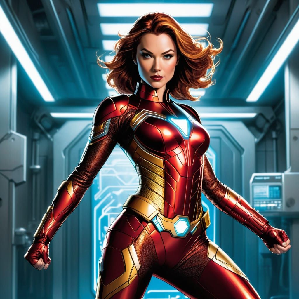 Iron WoMan in Red and Gold Armor, Powered Exoskeleton, and H...
