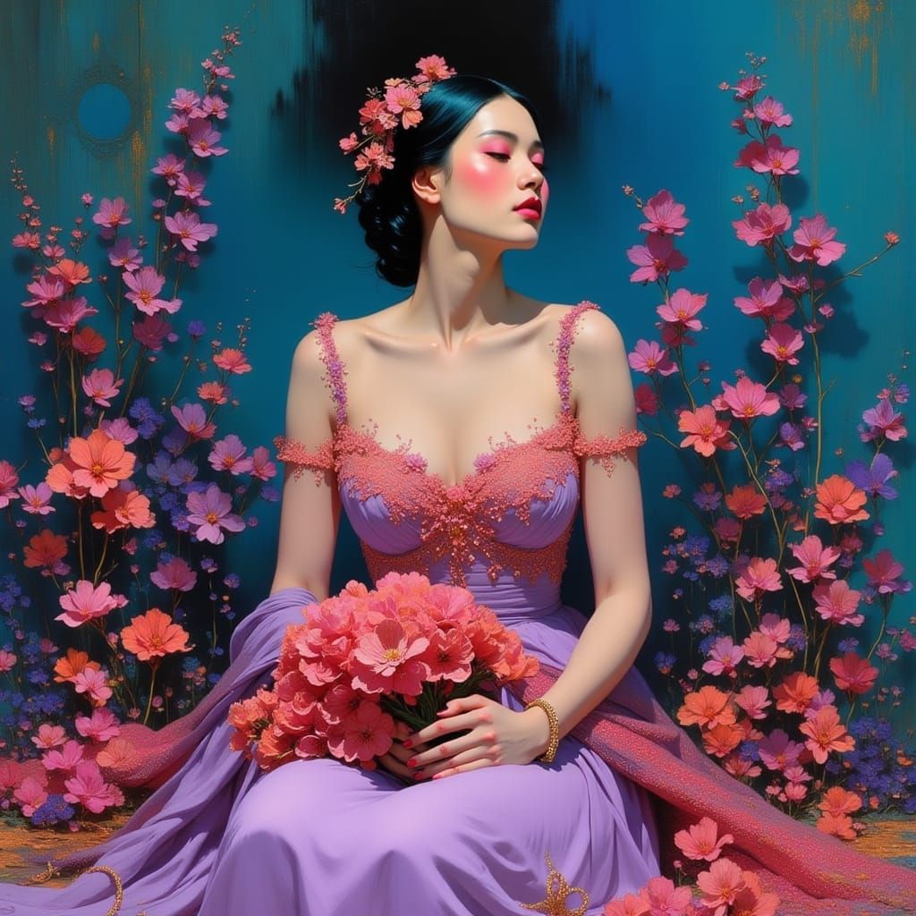 A Lady in Elegant Lilac Attire, Surrounded by Vibrant Blooms