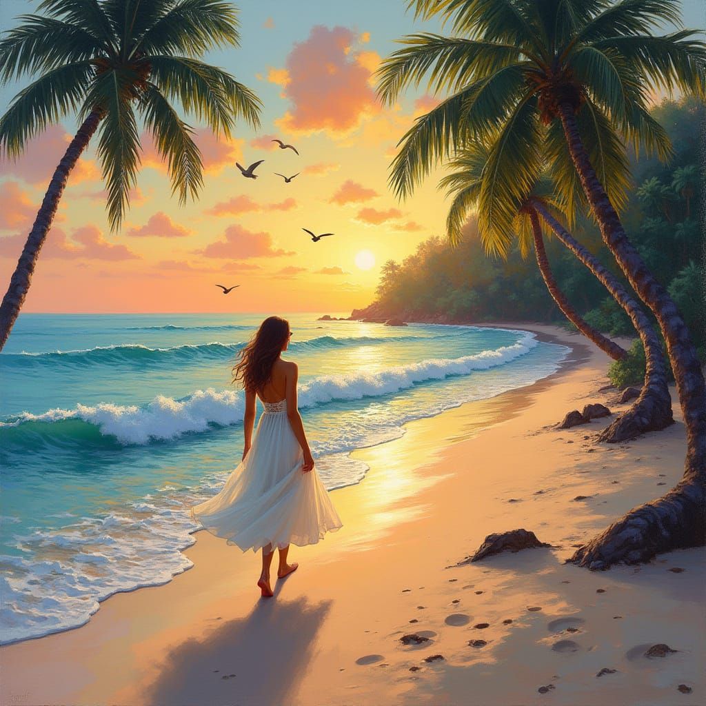 Serene Woman on Tropical Beach at Sunset