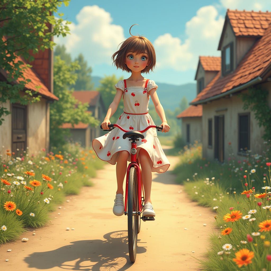 Girl Riding Bicycle Down Country Road in Whimsical Wonderlan...