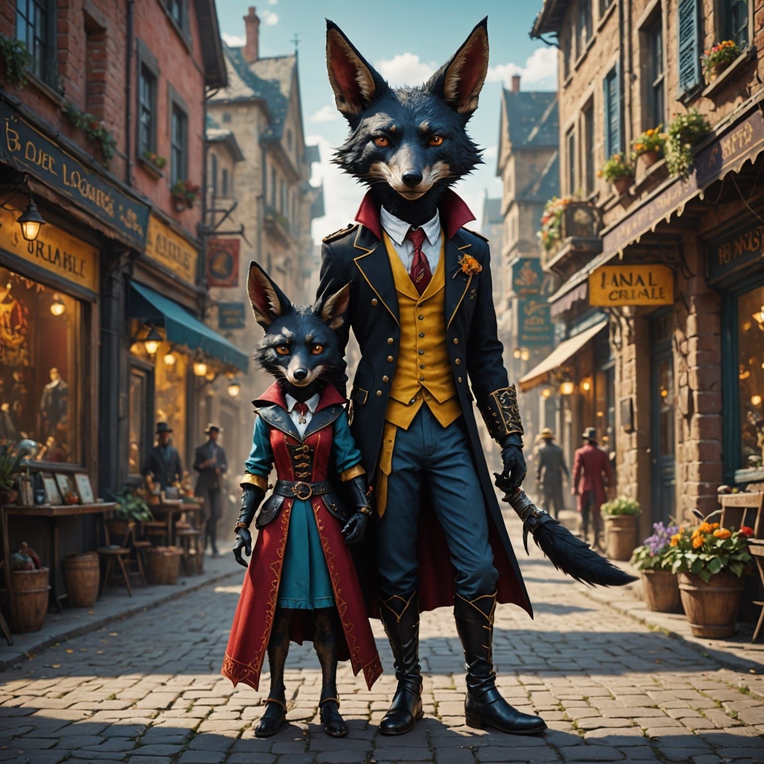 A black jackal trying to wear costumes being a human couple,...