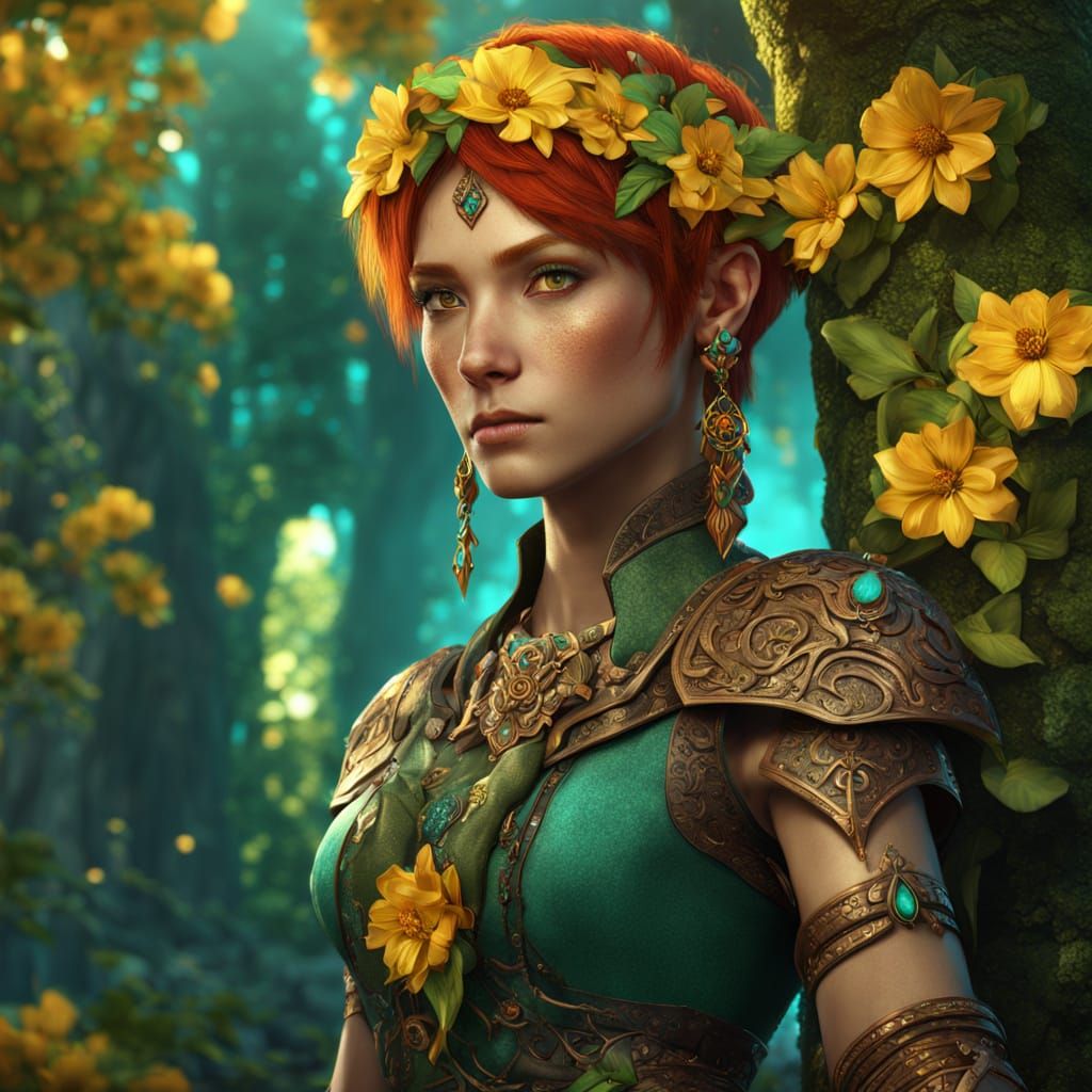 Wood Elf Goddess in Vibrant Emerald Forest