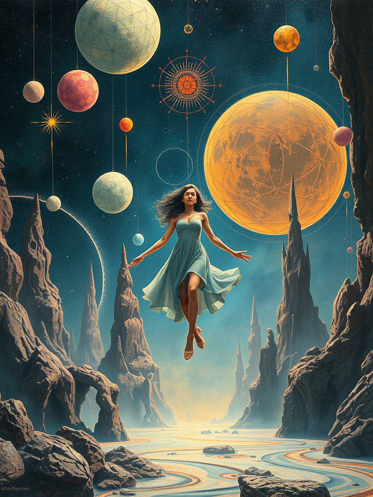 Surreal Woman Floating in Retro-Futuristic Dreamscape