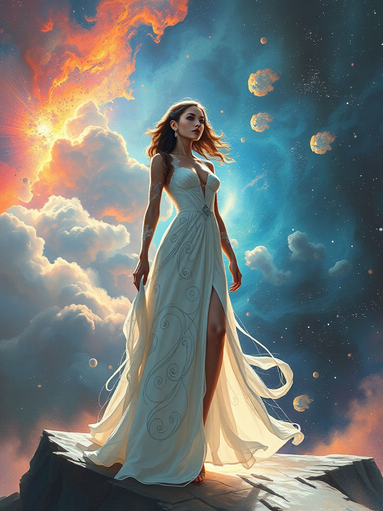 Woman in White Dress at Edge of Nebula