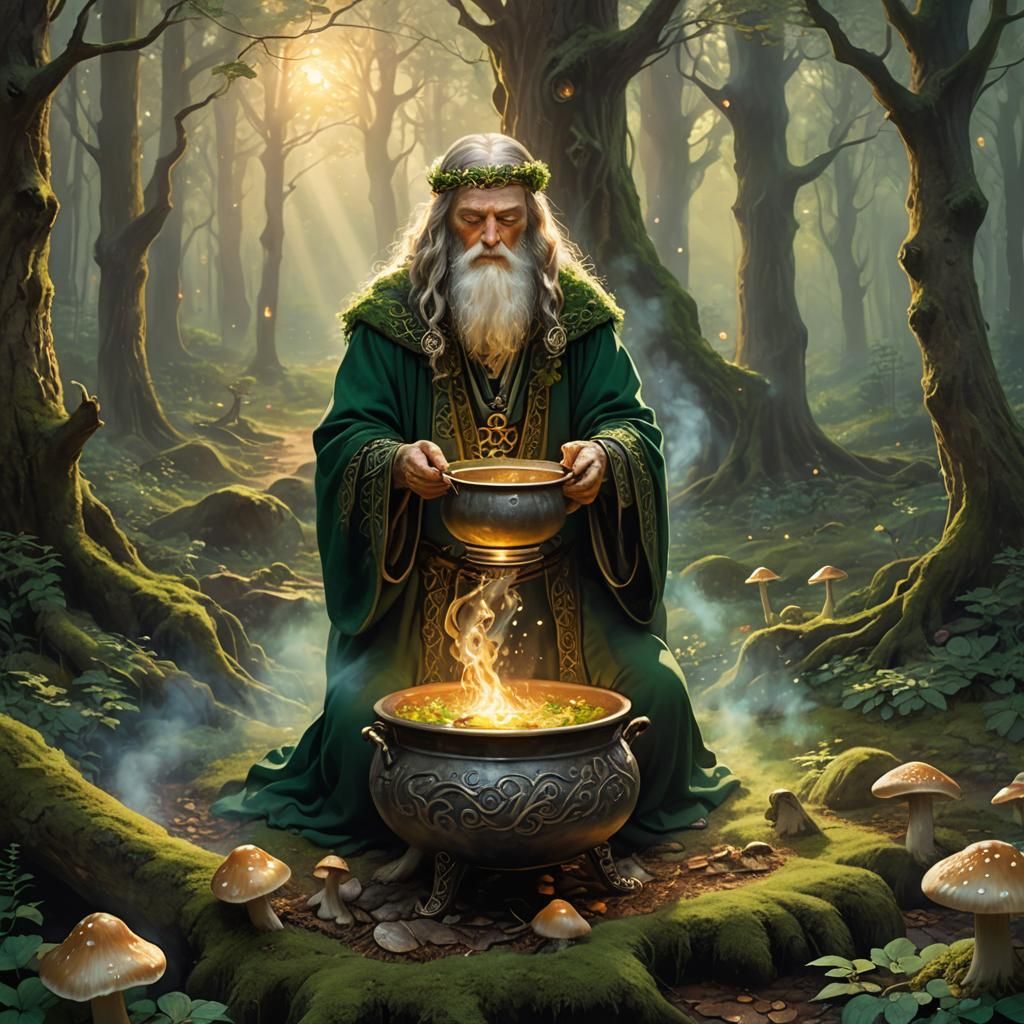 Celtic Druid Brewing Potion in Enchanted Forest
