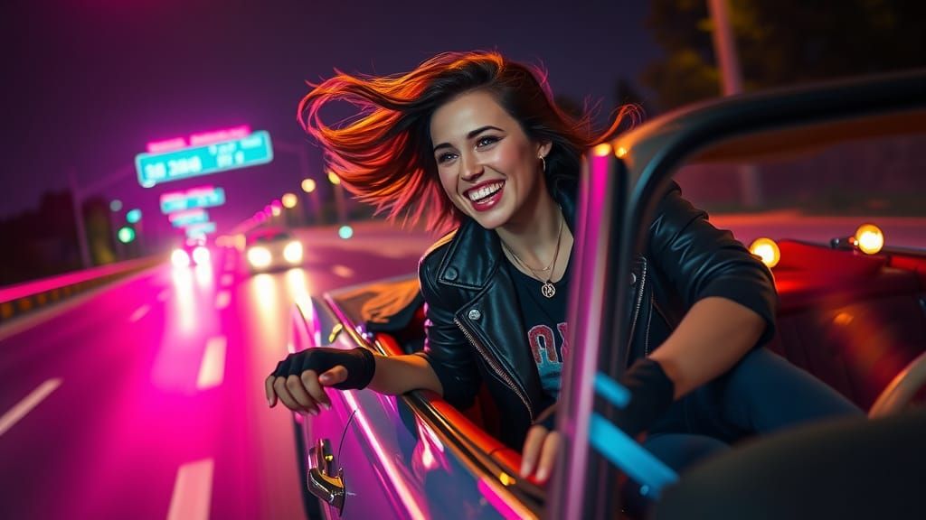 Cyberpunk Woman in Convertible on Neon Highway