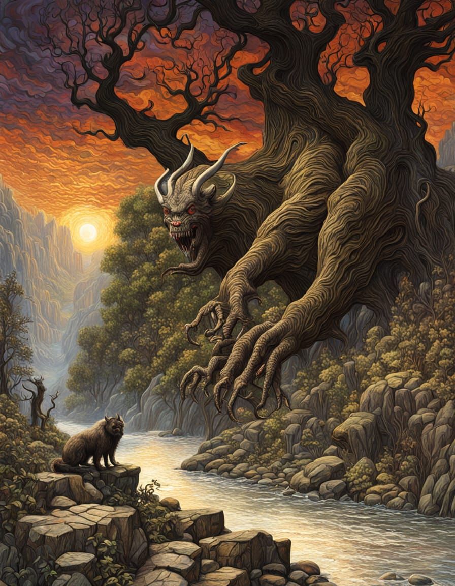 Epic Horror Beasts in Forest: Expressionist Oil Painting