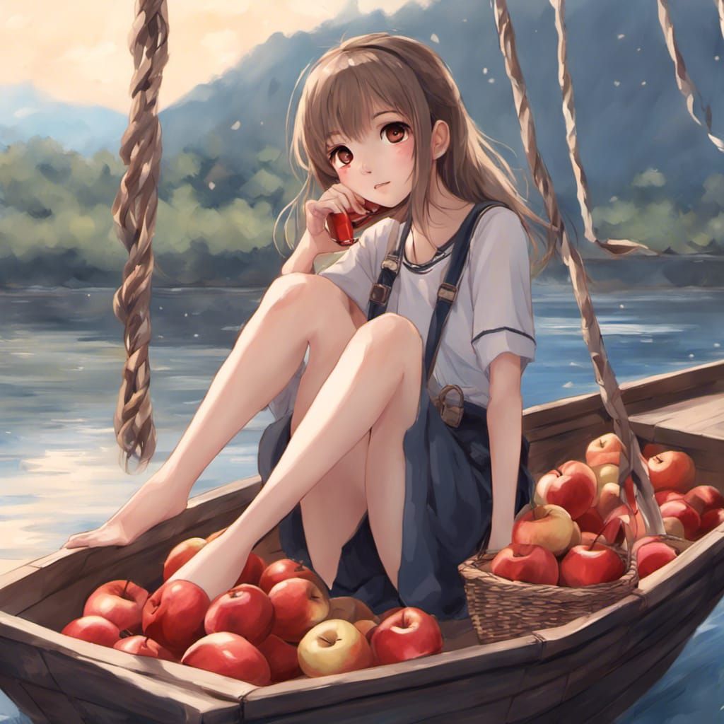 Anime Girl with Apples on Boat: Realistic Anime Style