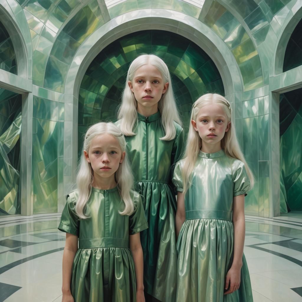 Photorealistic Portrait: Pale Children in Iridescent Dome